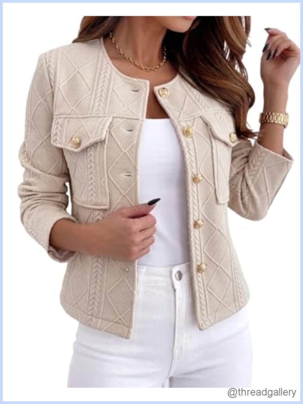 Cropped Argyle Cable Knit Jacket Gold-Tone Button Bomber